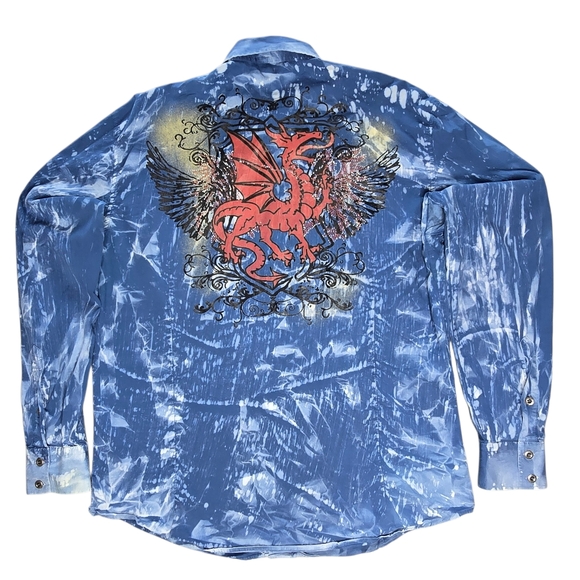 Doramafi Blue Button-Up Shirt with Red Dragon Design Size L - Picture 4 of 10